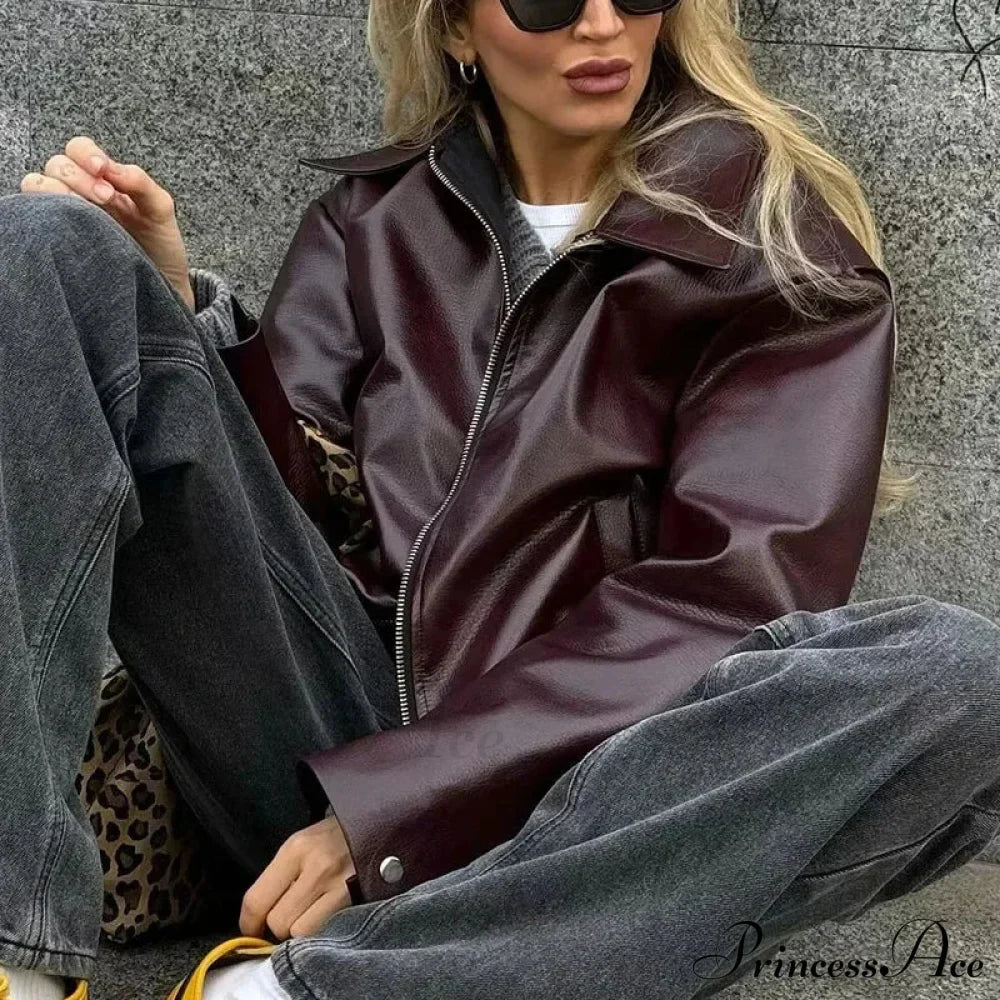 Vintage Red Leather Lapel Coat