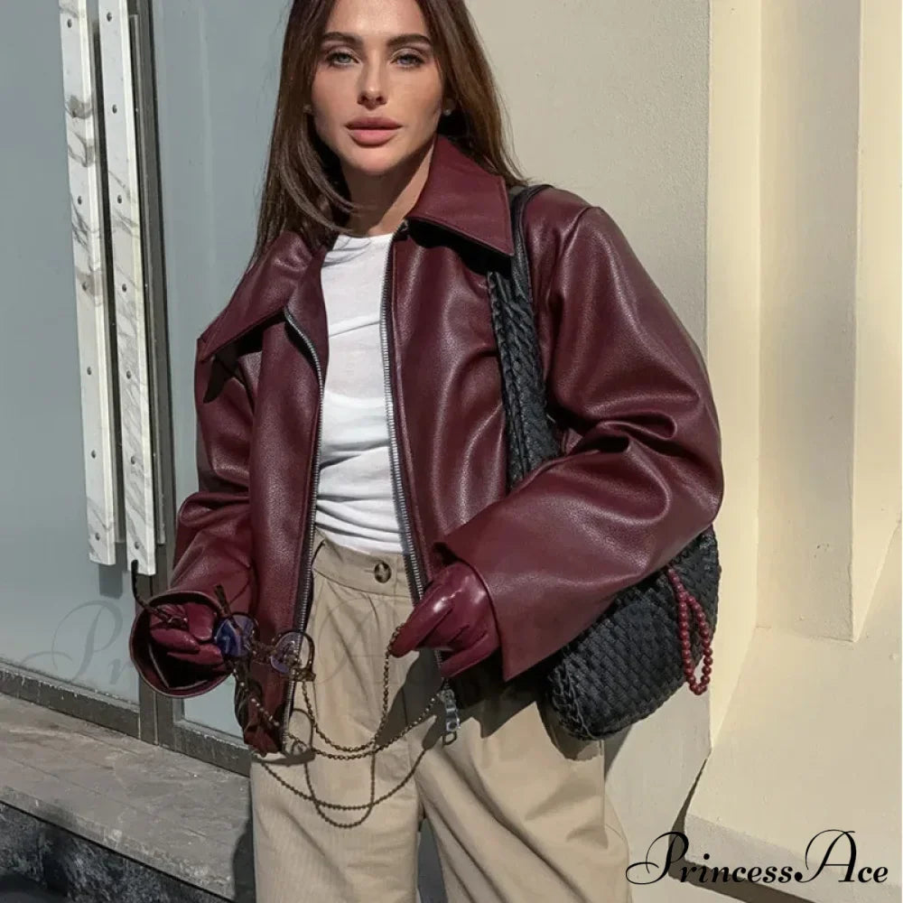 Vintage Red Leather Lapel Coat