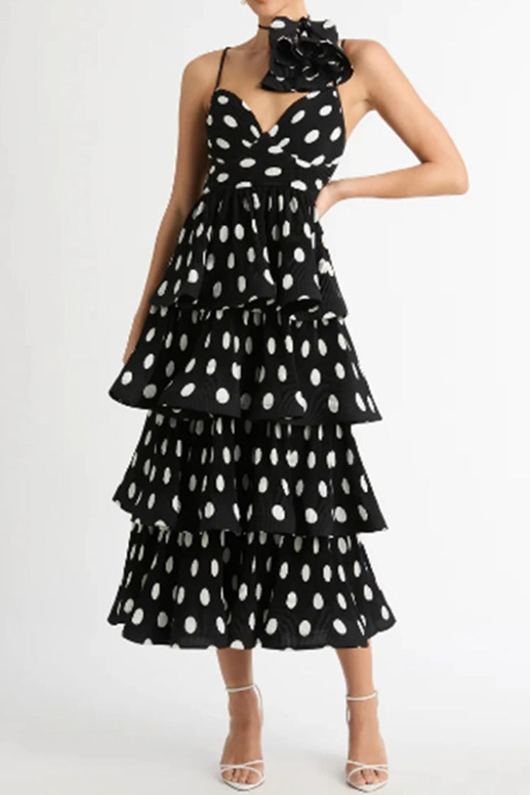 Vintage Rosette Choker V Neck Layered Ruffle Chiffon Pleated Midi Sundress - Fashionpara