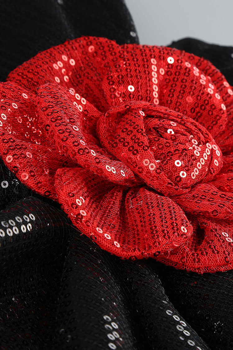 Vintage Rosette Cutout Side Draped Sleeveless Sequin Formal Maxi Dress