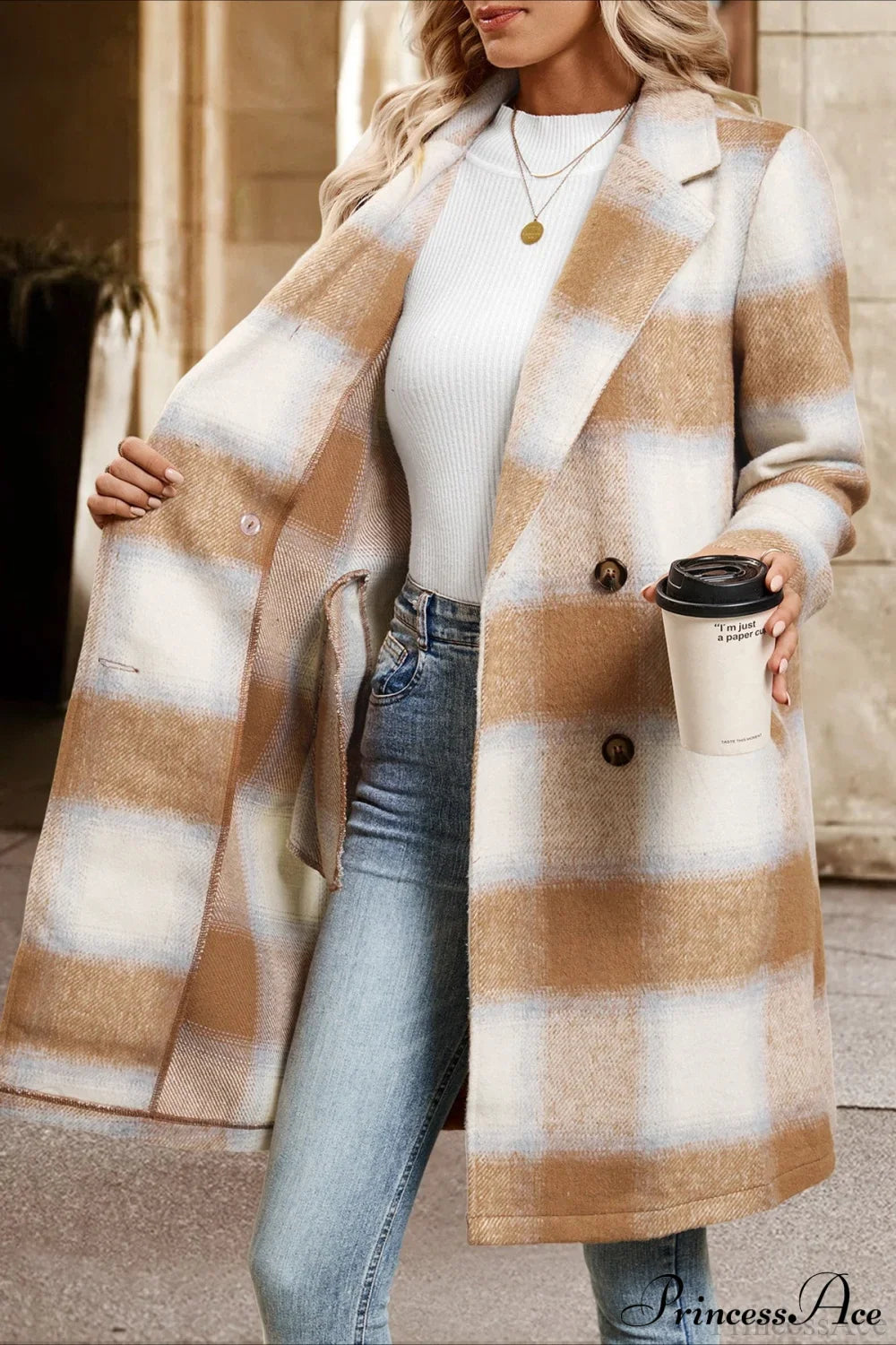 Sanded Plaid Tailored Collar Midi Wool Coat for Elegance