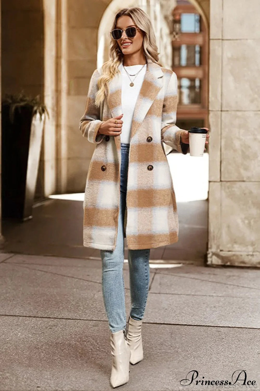 Sanded Plaid Tailored Collar Midi Wool Coat for Elegance