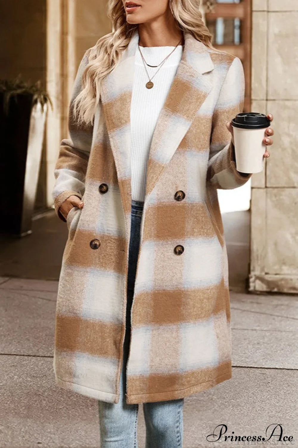Sanded Plaid Tailored Collar Midi Wool Coat for Elegance