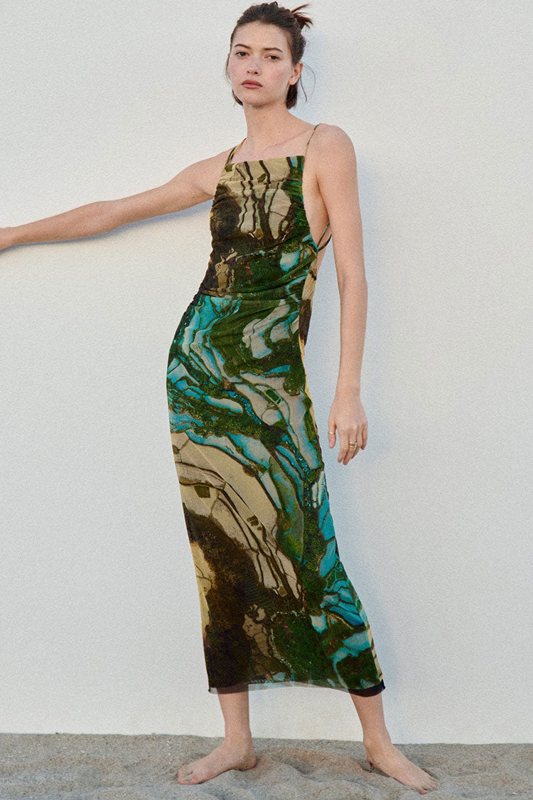 Vintage Square Neck Backless Ruched Mesh Sleeveless Midi Dress - Multicolor - Fashionpara