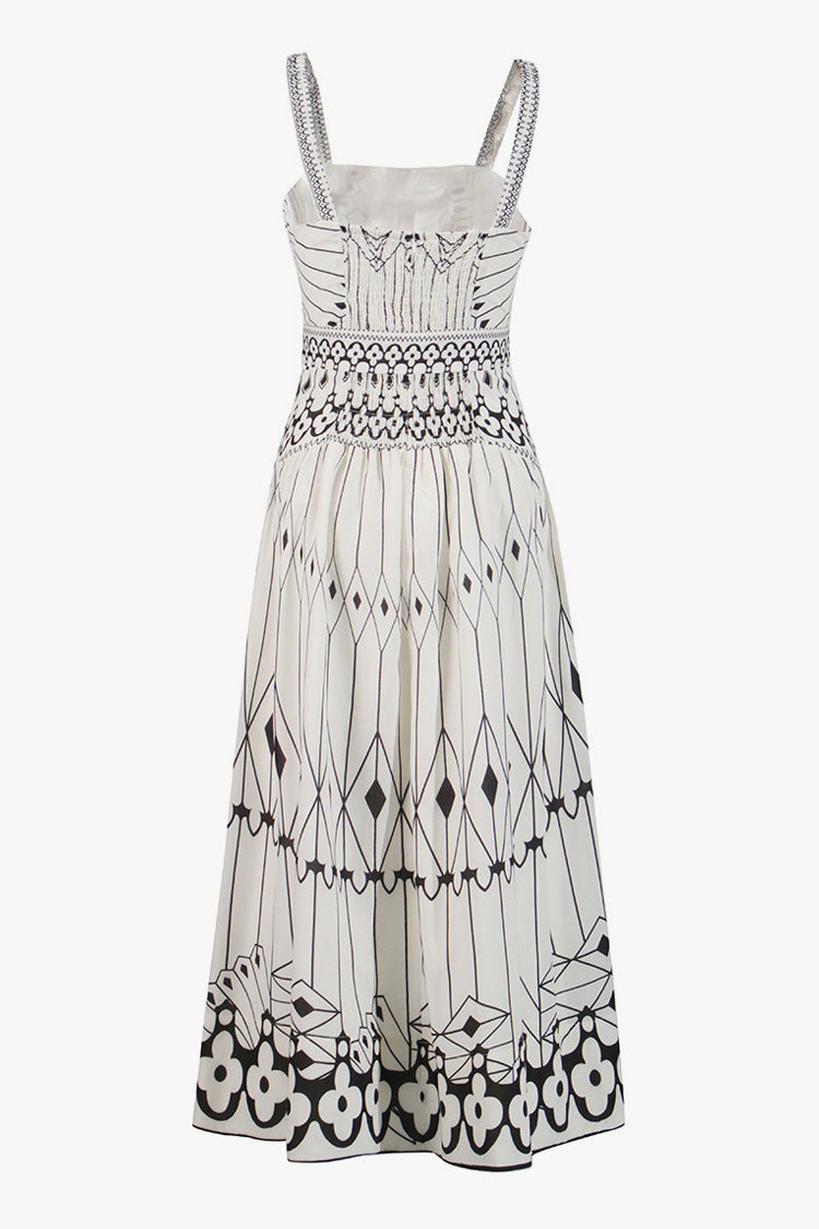 Vintage Square Neck Belted Smocked Floral Print Midi Sundress