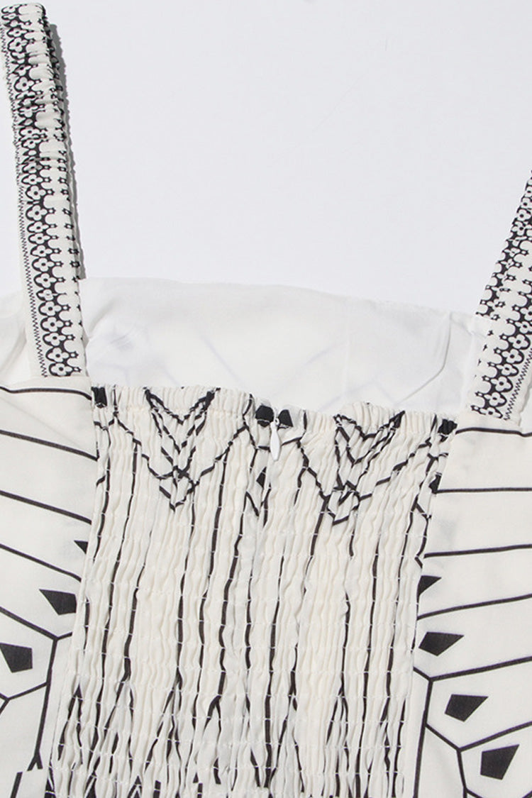 Vintage Square Neck Belted Smocked Floral Print Midi Sundress