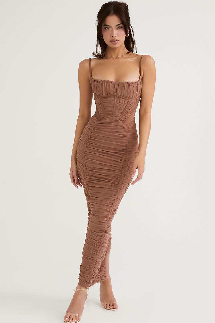 Vintage Square Neck Spaghetti Strap Ruched Bodycon Maxi Dress - Coffee - Fashionpara