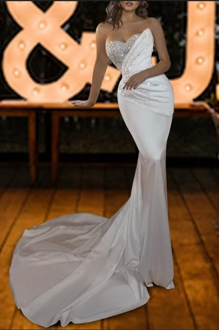 Vintage Strapless Mermaid Satin Wedding Dress with Sequined Sleeveless Design - Fashionpara