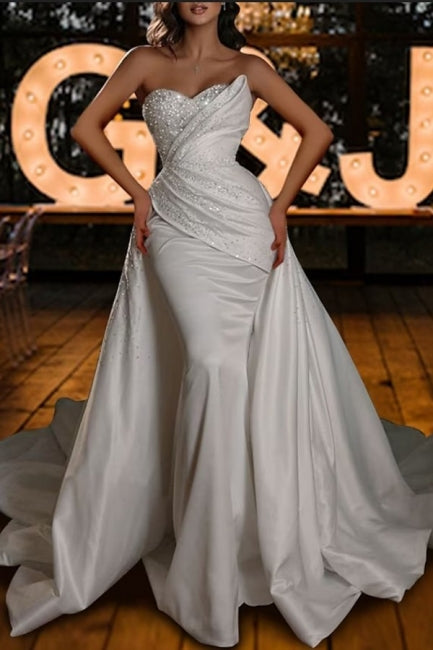 Vintage Strapless Mermaid Satin Wedding Dress with Sequined Sleeveless Design - Fashionpara