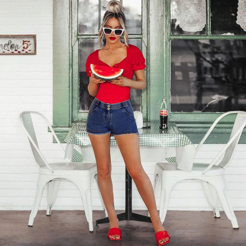 Vintage Style Low Waist Frayed Denim Shorts - Dark Blue  Fashionpara