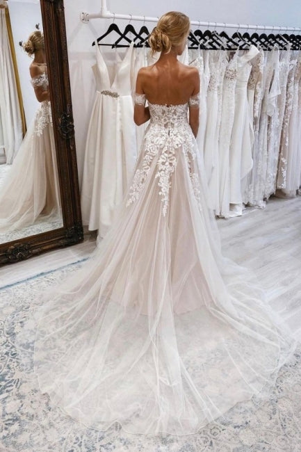 Vintage Sweetheart Off-the-Shoulder Cap Sleeve A-Line Lace Bridal Dress - Fashionpara