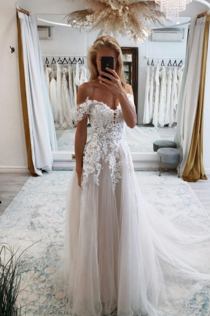 Vintage Sweetheart Off-the-Shoulder Cap Sleeve A-Line Lace Bridal Dress - Fashionpara