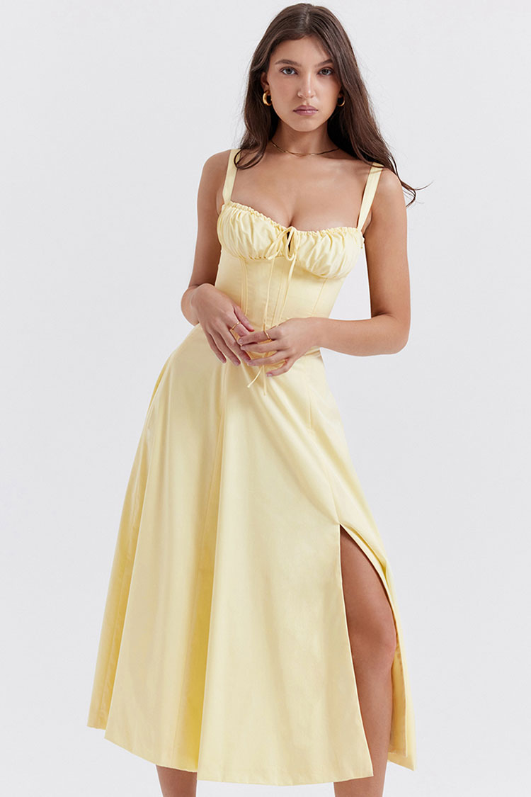 Vintage Tie Front Lace Up Back Fit & Flare Split Midi Sundress - Yellow  Fashionpara