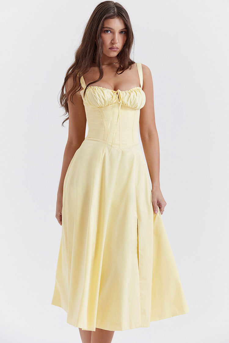 Vintage Tie Front Lace Up Back Fit & Flare Split Midi Sundress - Yellow  Fashionpara