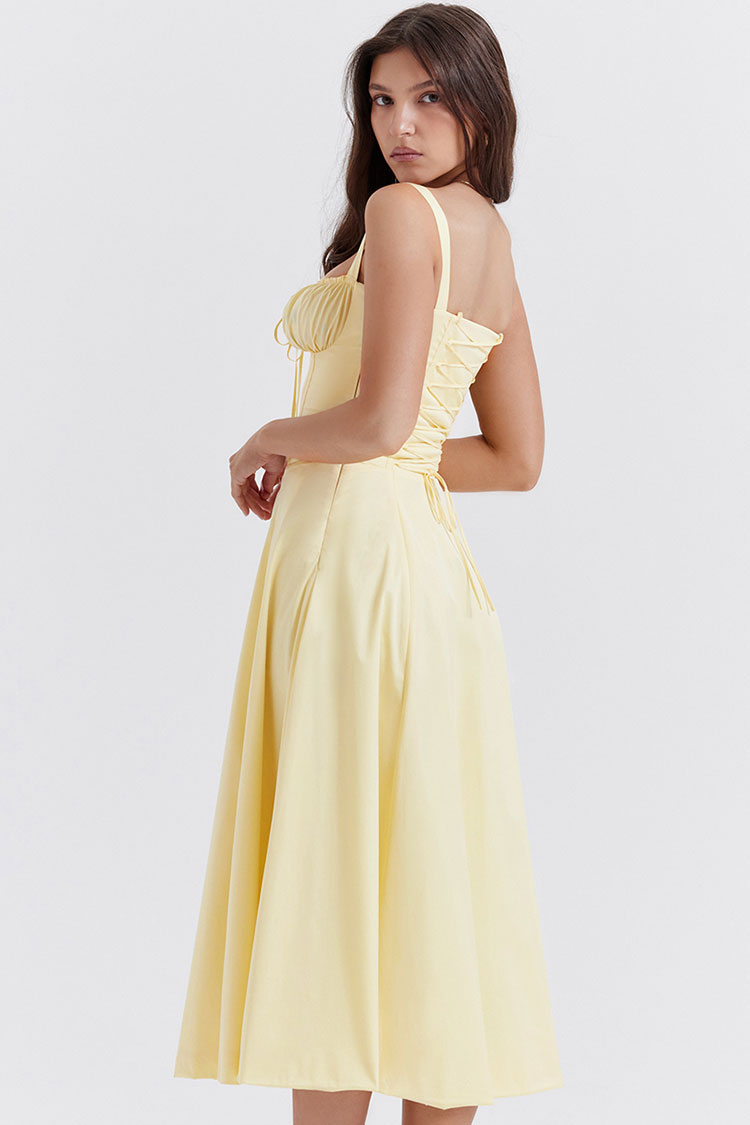 Vintage Tie Front Lace Up Back Fit & Flare Split Midi Sundress - Yellow  Fashionpara