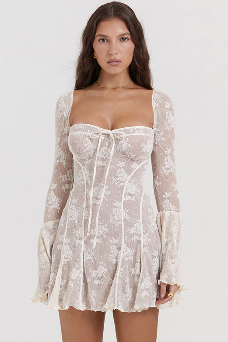 Vintage Tie Neck Bell Sleeve Pleated Floral Lace Fishtail Mini Dress - Beige  Fashionpara