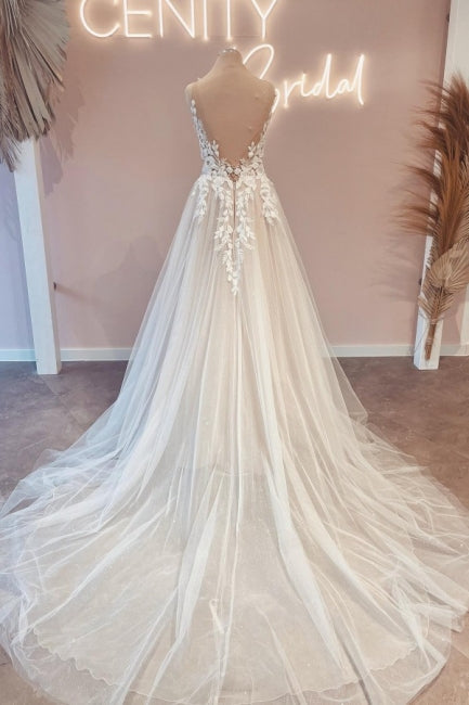 Vintage V-Neck Sleeveless A-Line Backless Lace Bridal Dress - Fashionpara