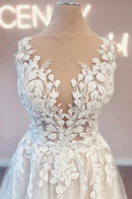 Vintage V-Neck Sleeveless A-Line Backless Lace Bridal Dress - Fashionpara