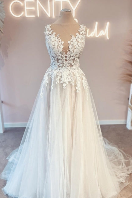 Vintage V-Neck Sleeveless A-Line Backless Lace Bridal Dress - Fashionpara