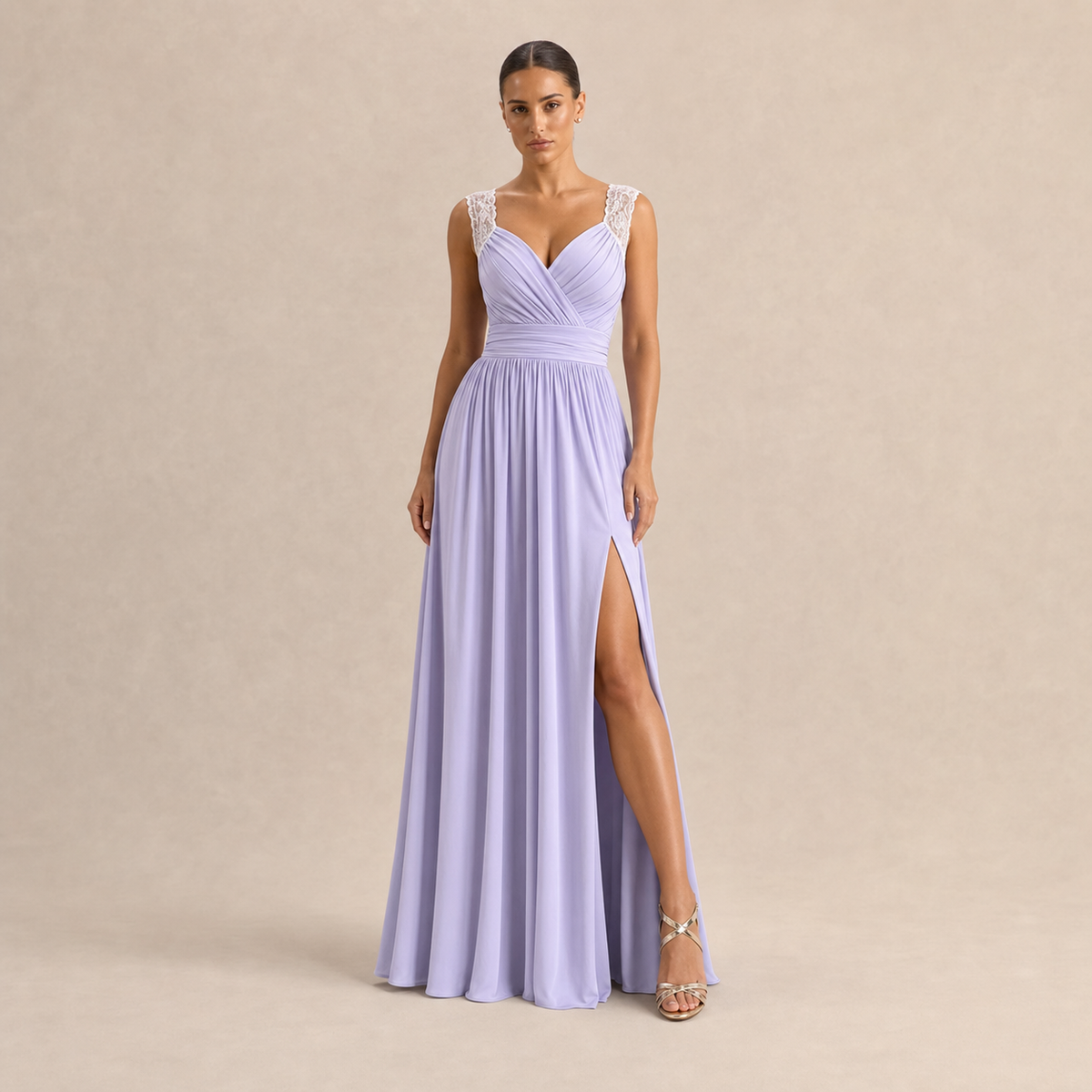 Sweetheart Cap Sleeve High Split Chiffon Maxi Gown 16