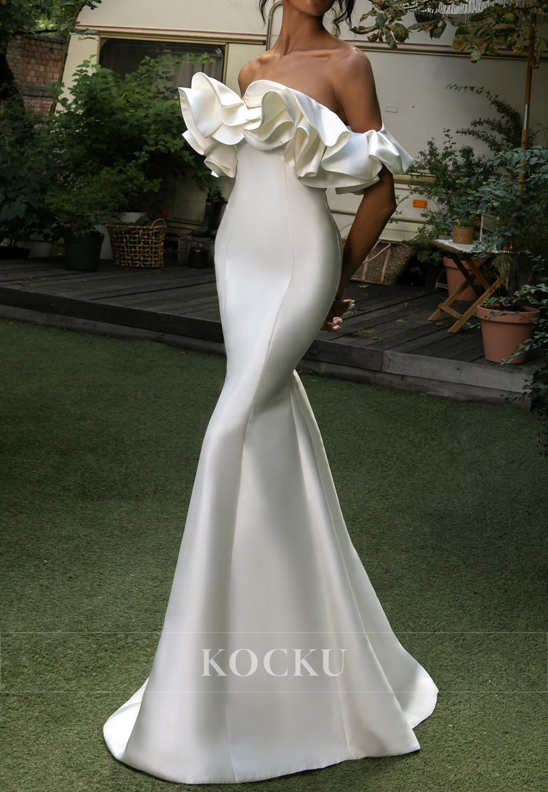 Elegant Off - Shoulder Ruffled Satin Mermaid Wedding Dress