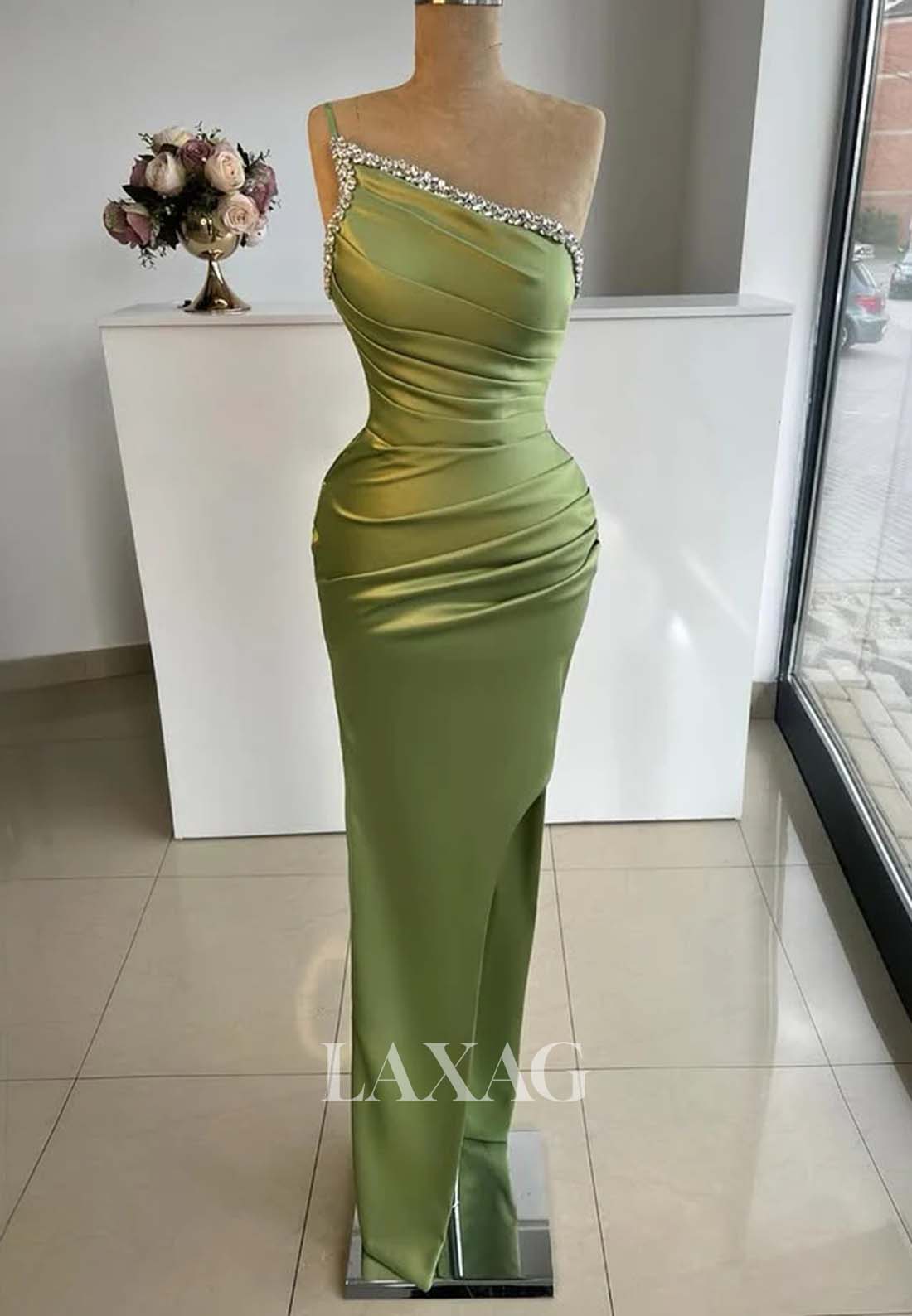 Sheath Asymmetrical-Neck One-Shoulder Sleeveless Beaded Long Formal Prom Dress with Slit - Fashionpara