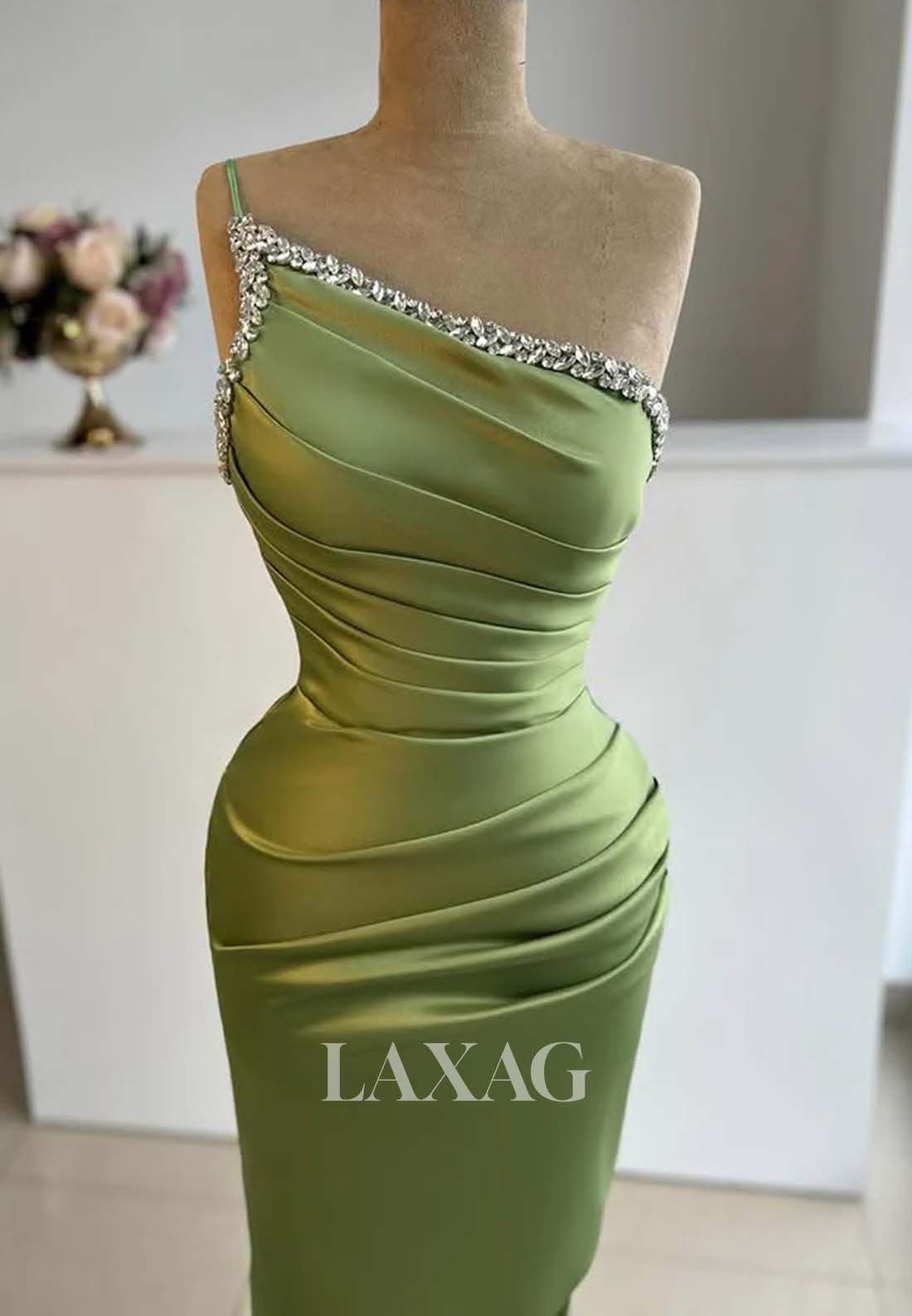 Sheath Asymmetrical-Neck One-Shoulder Sleeveless Beaded Long Formal Prom Dress with Slit - Fashionpara