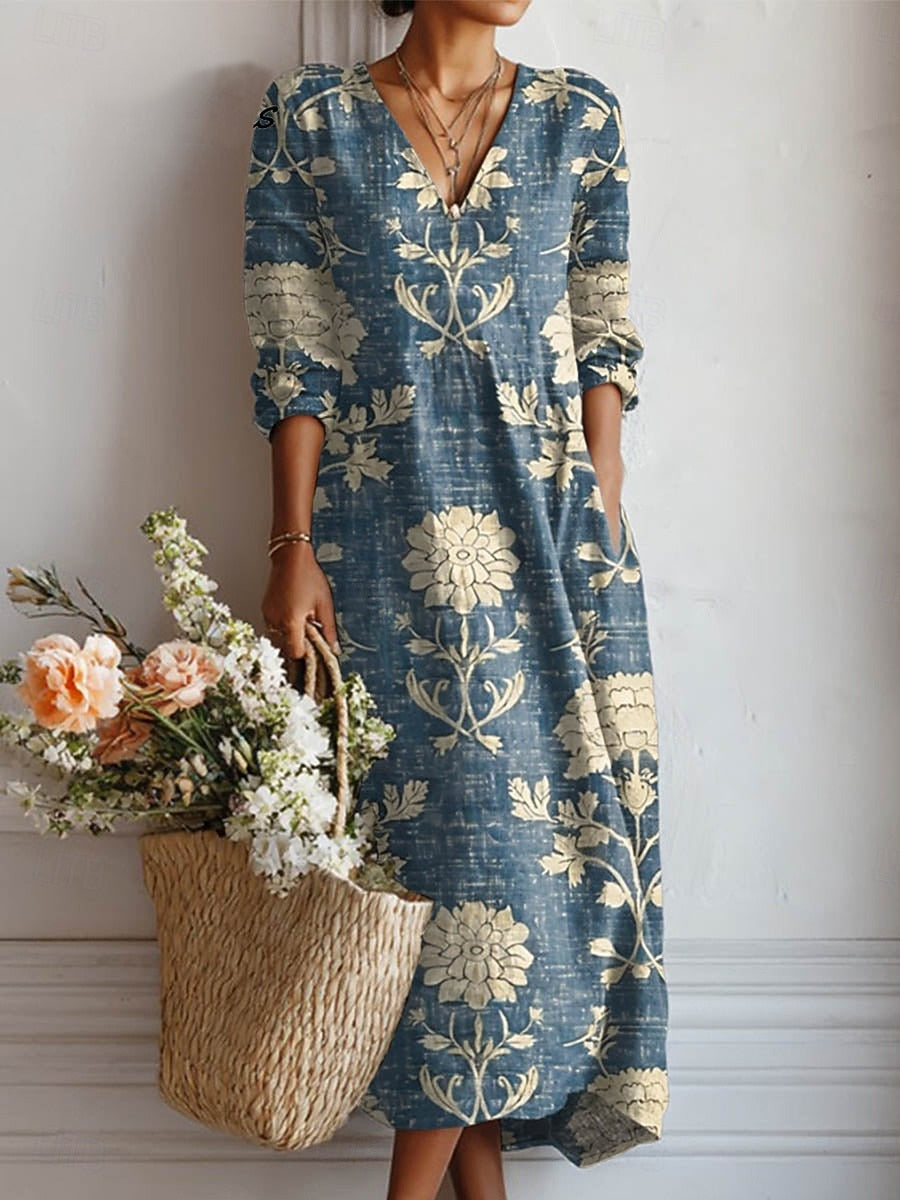 Floral Print V-Neck Long Sleeve Midi Dress