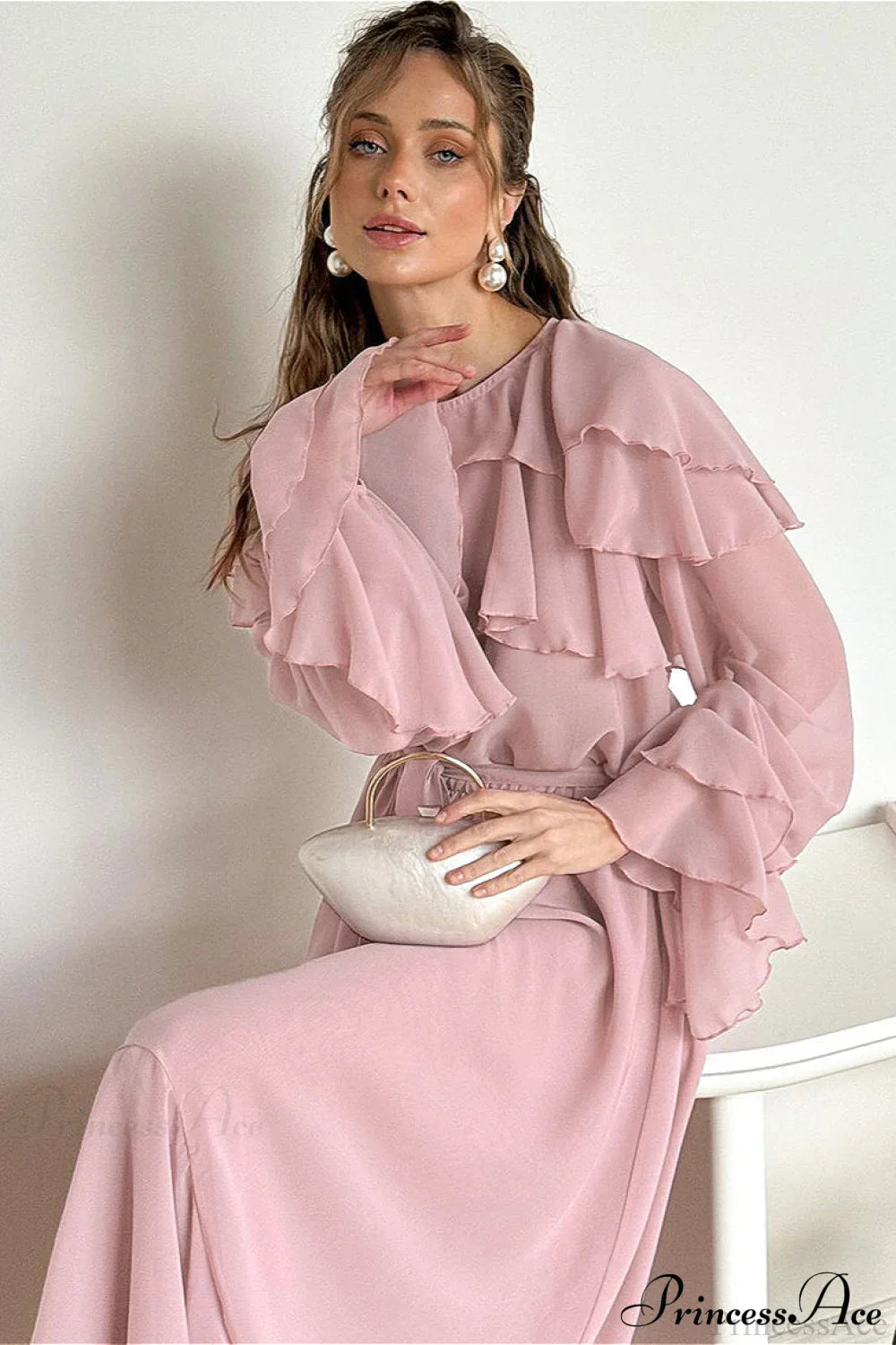 Waist Cinch Ruffled Semi Sheer Elegant Maxi Dress Pink / S