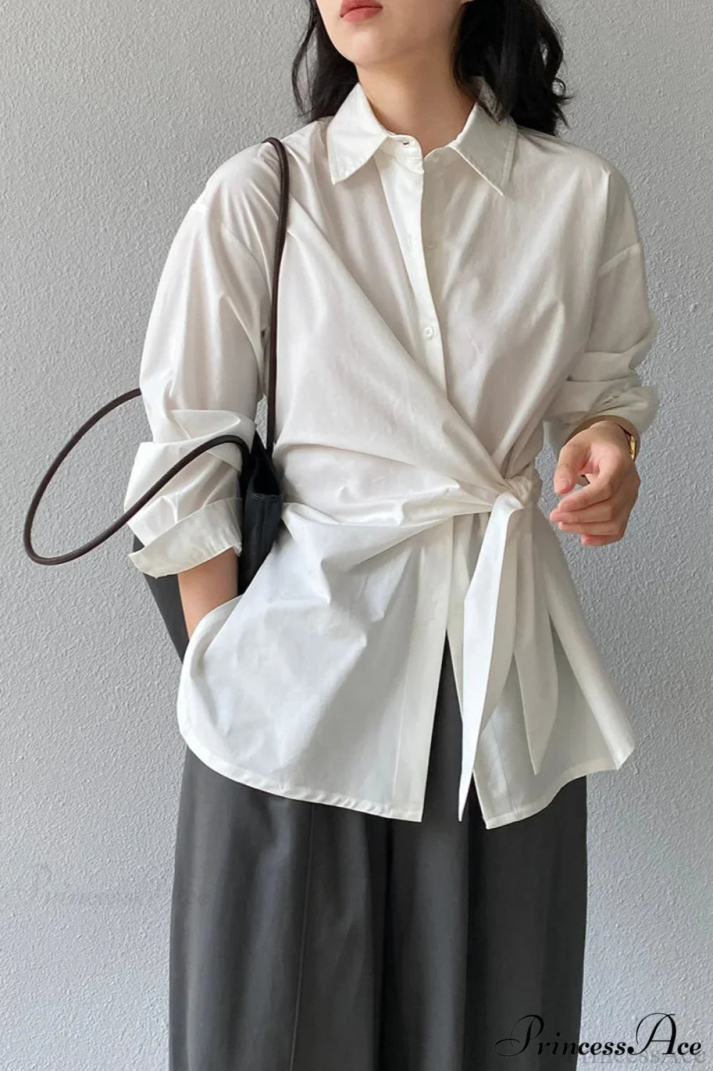 Waist Collared Mid-Length Office Blouse