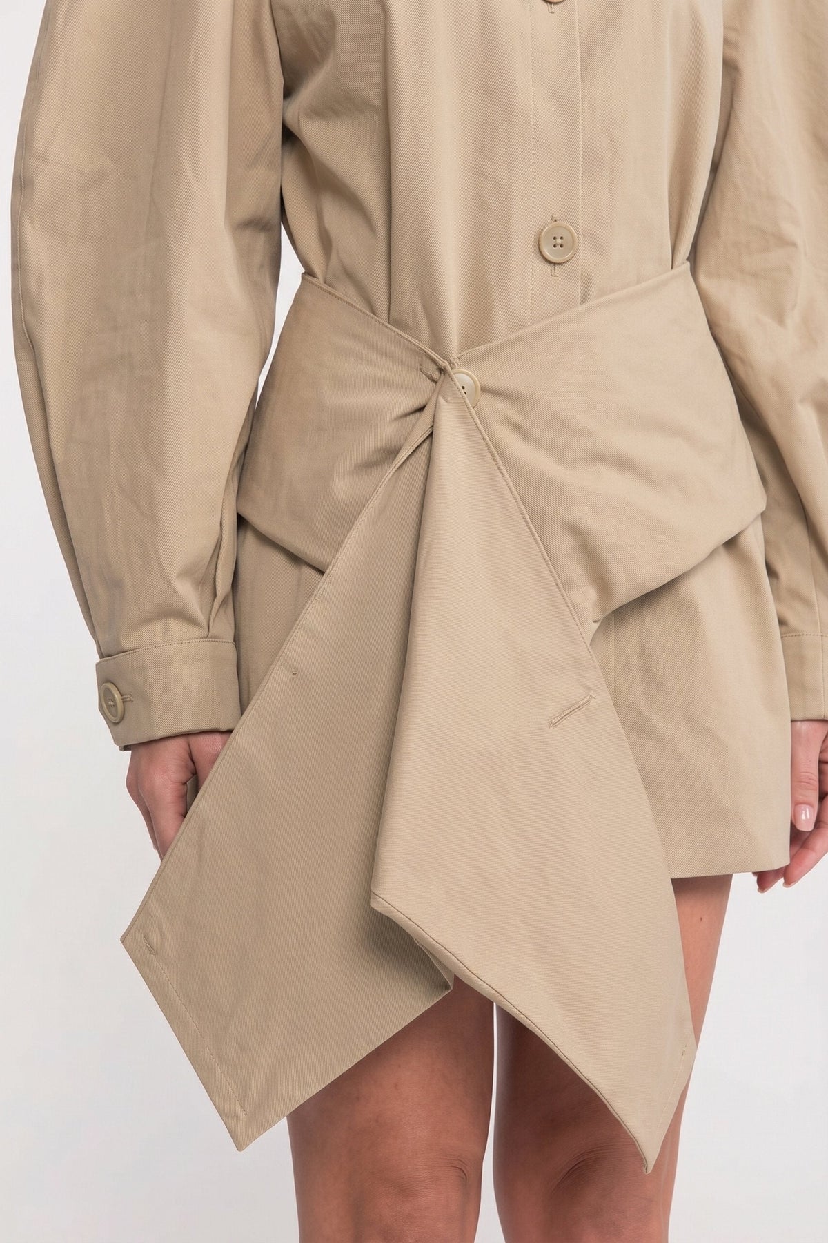 Button Front Puff Sleeve Belted Wrap Tie Asymmetric Hem Mini Dress - View 5
