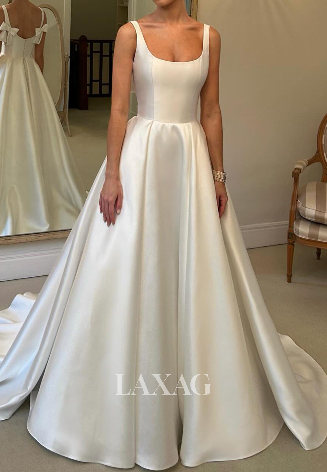 Scoop-Neck Spaghetti Straps Sleeveless Pleated Satin A-Line Wedding Dress with Train