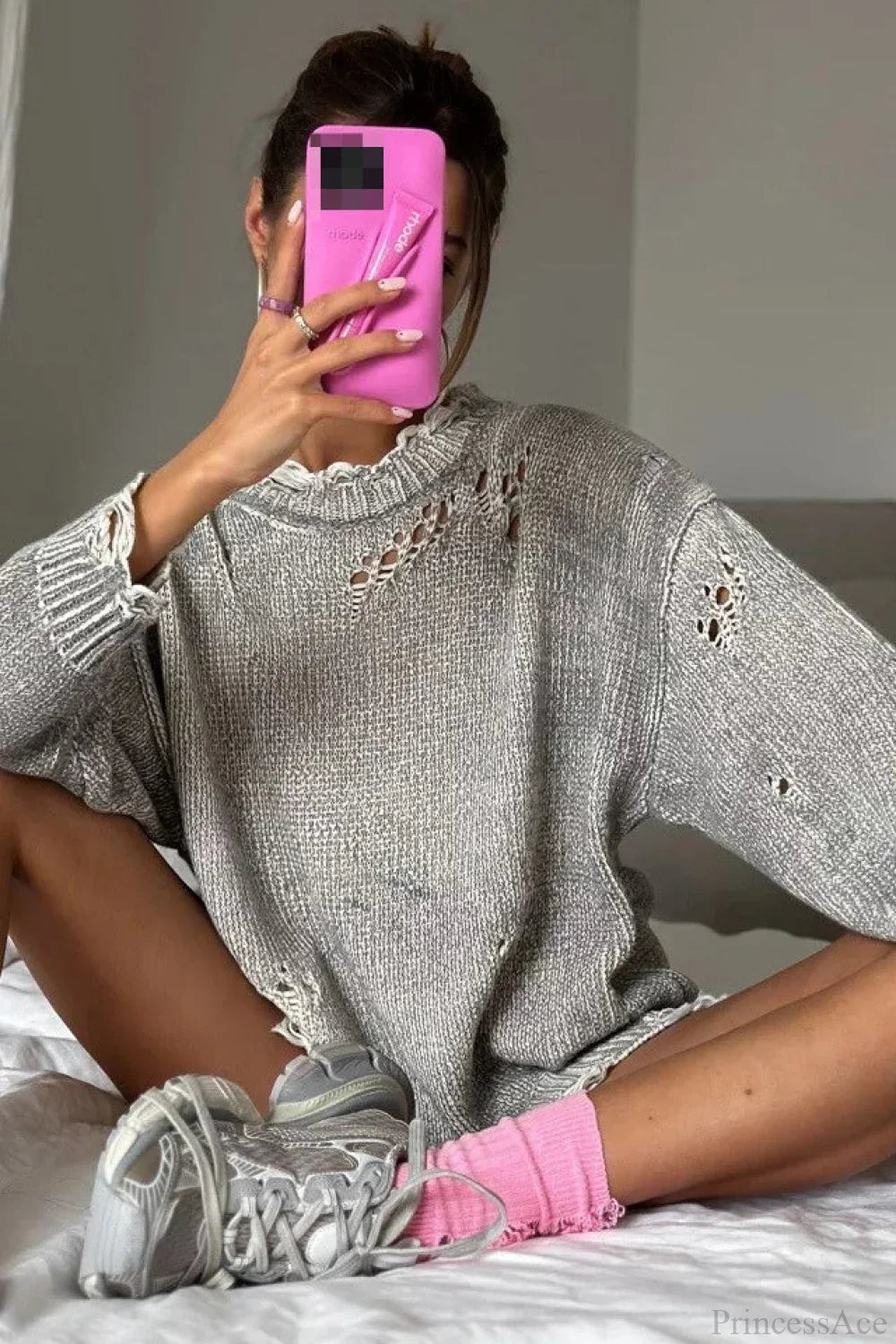 Washed Crew Neck Distressed Mid-Length Sweater 6