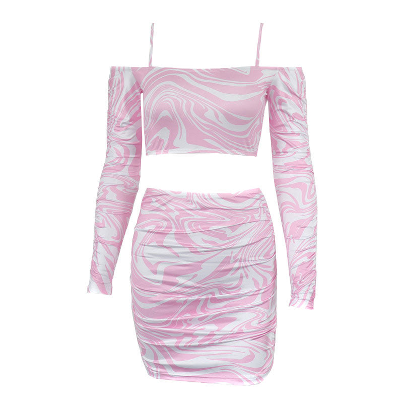 Wavy Tie Dye Cold Shoulder Cami Strap Skirt Matching Set - Pink - Fashionpara