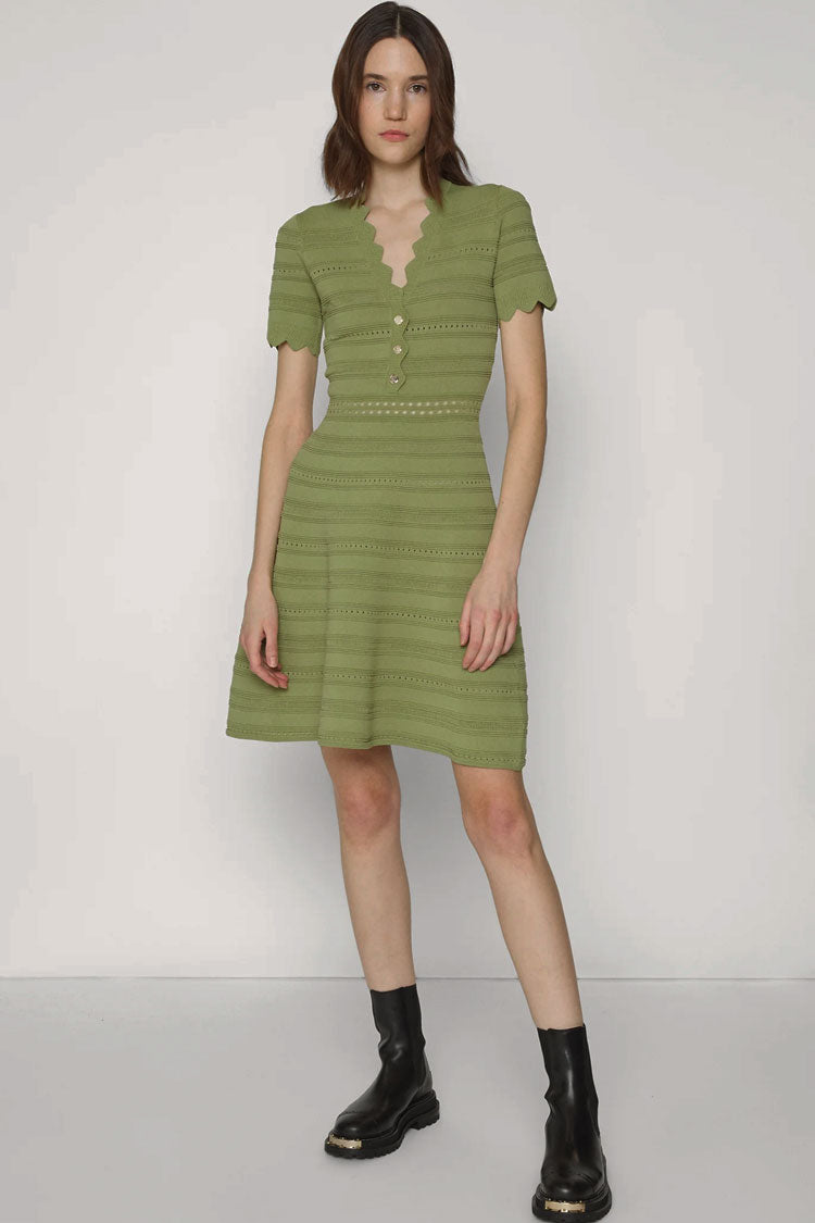 Wavy V Neck Short Sleeve Summer Sweater Dress in Green