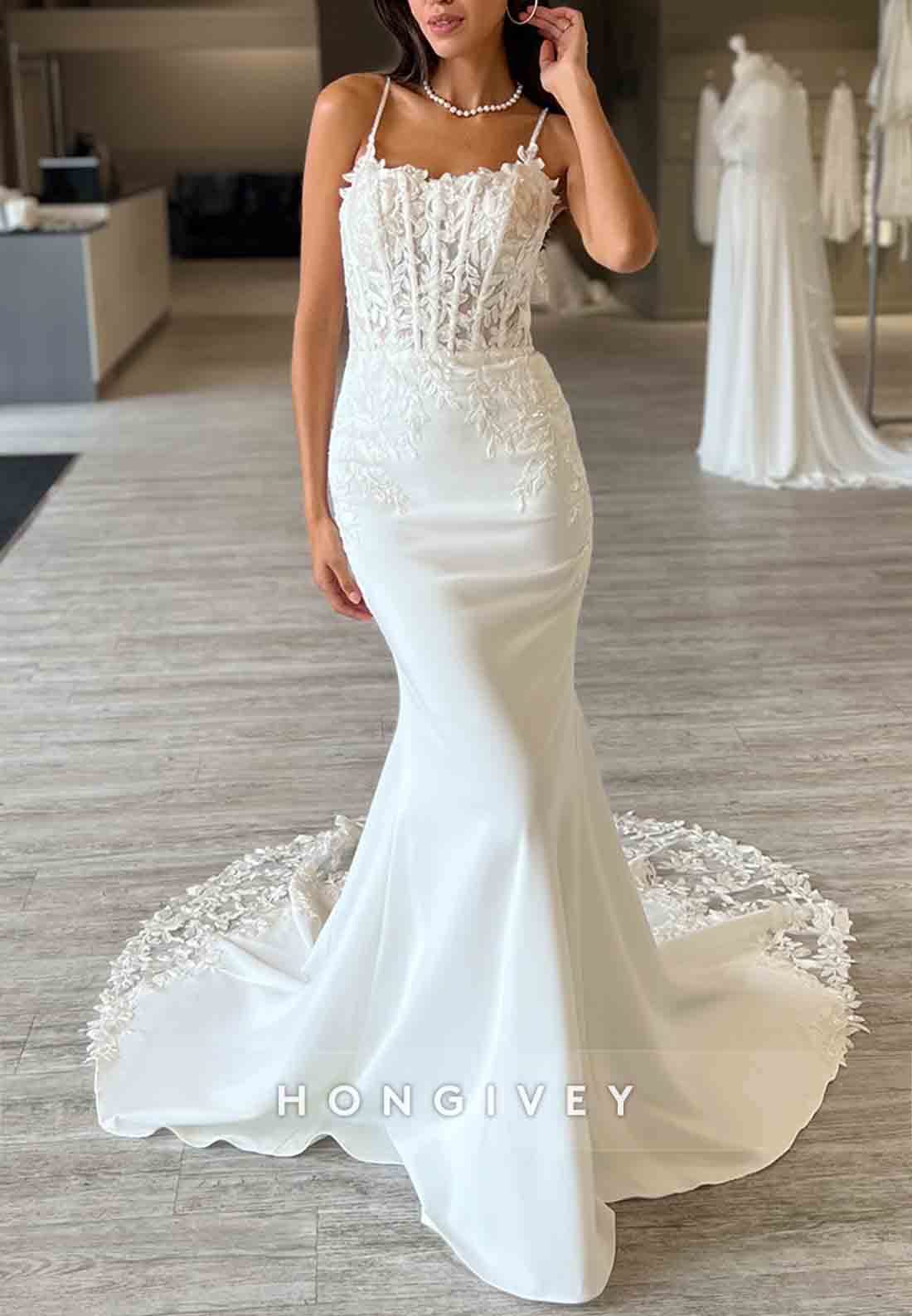 Spaghetti Straps Sleeveless Lace Court Train caid Wedding Dresses