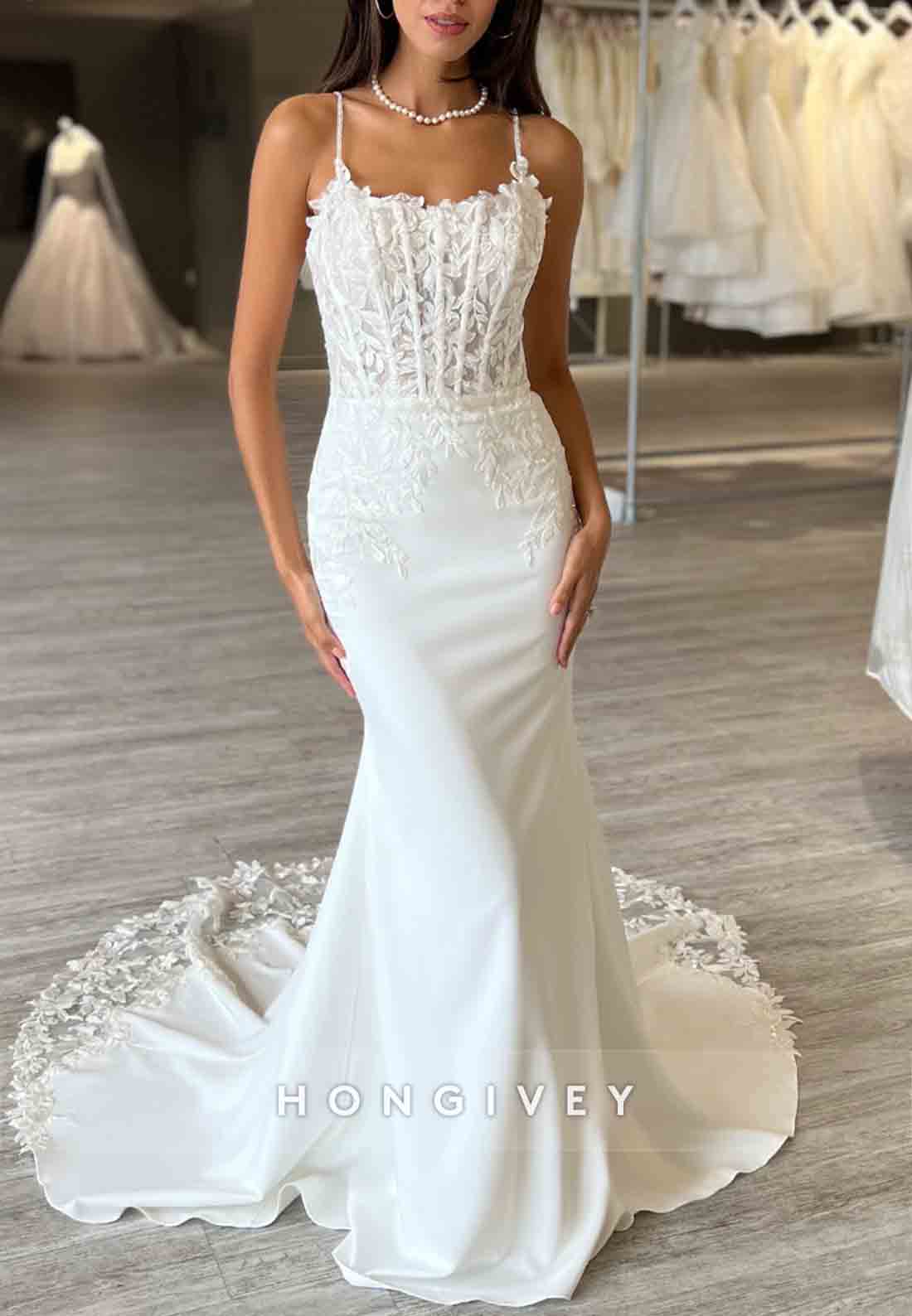 Spaghetti Straps Sleeveless Lace Court Train caid Wedding Dresses