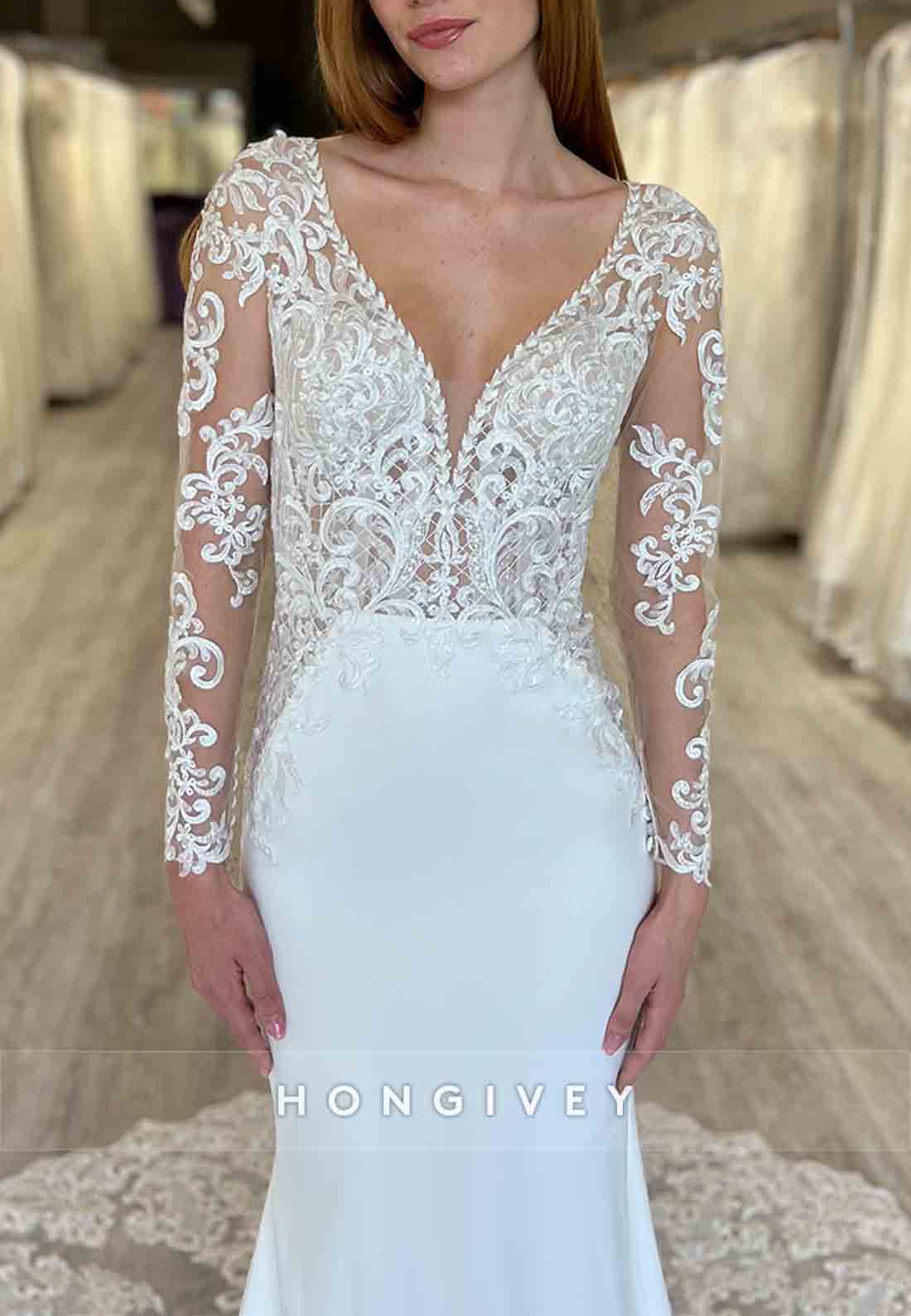 Lace Trumpet V Neck Chapel Train Long Sleeve Wedding Dresses