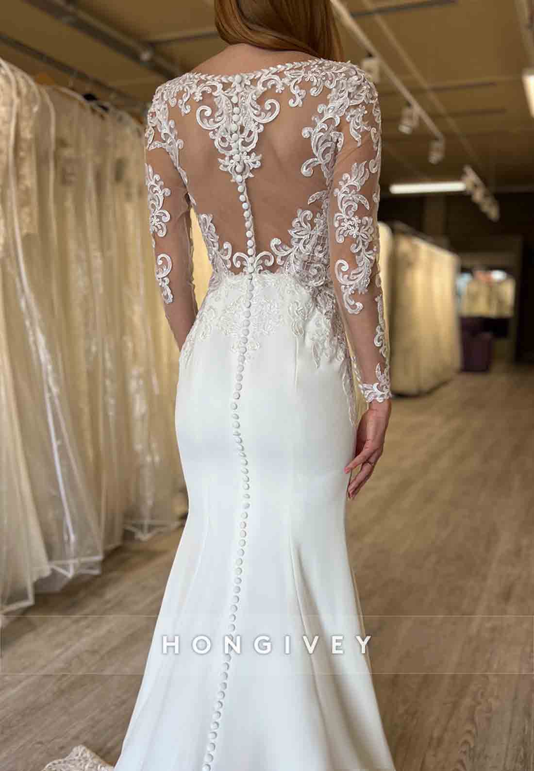 Lace Trumpet V Neck Chapel Train Long Sleeve Wedding Dresses