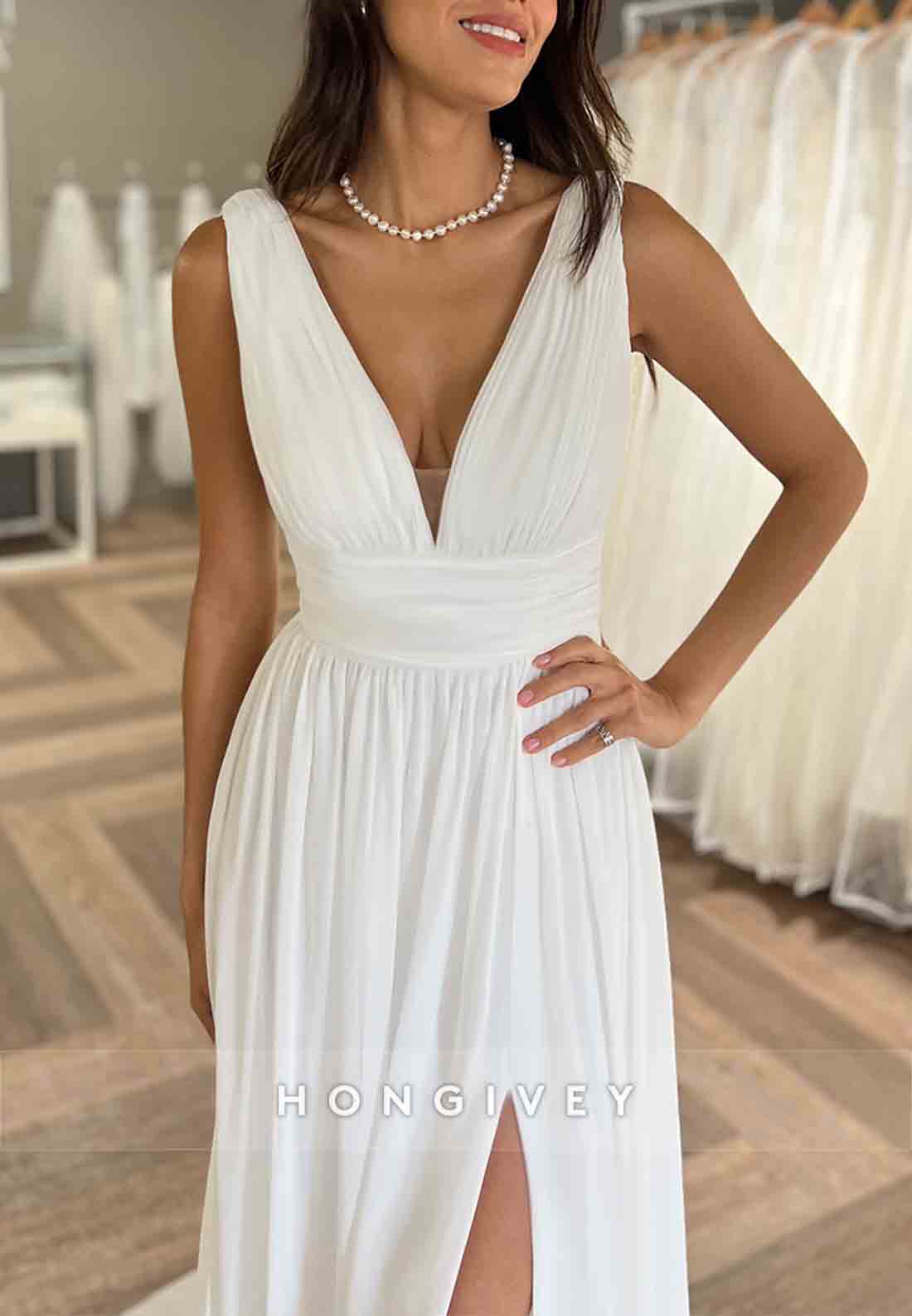 Low V-Neck Cap Straps With Side Slit Pleated V Back Wedding Dresses