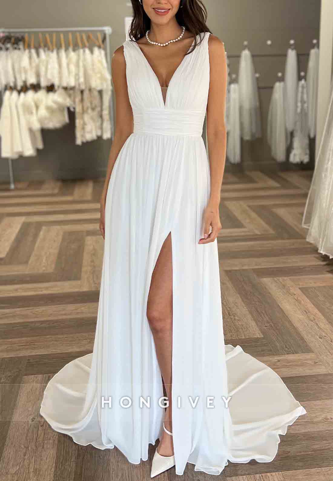 Low V-Neck Cap Straps With Side Slit Pleated V Back Wedding Dresses