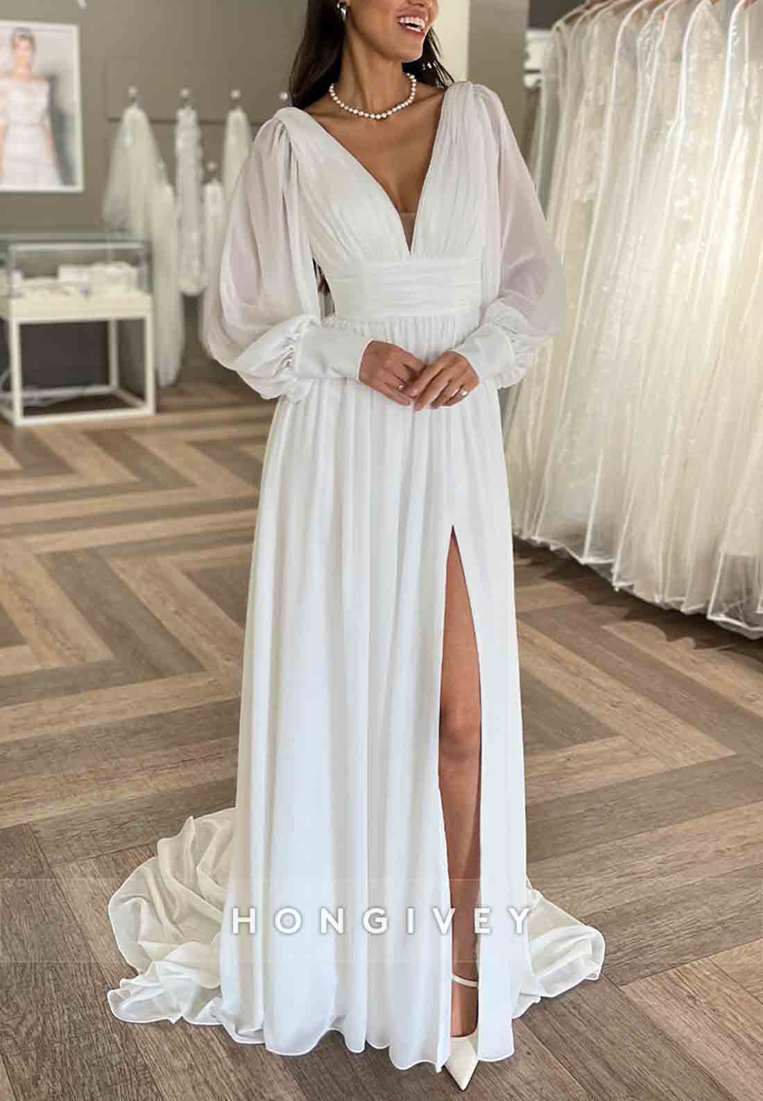 Low V-Neck Cap Straps With Side Slit Pleated V Back Wedding Dresses