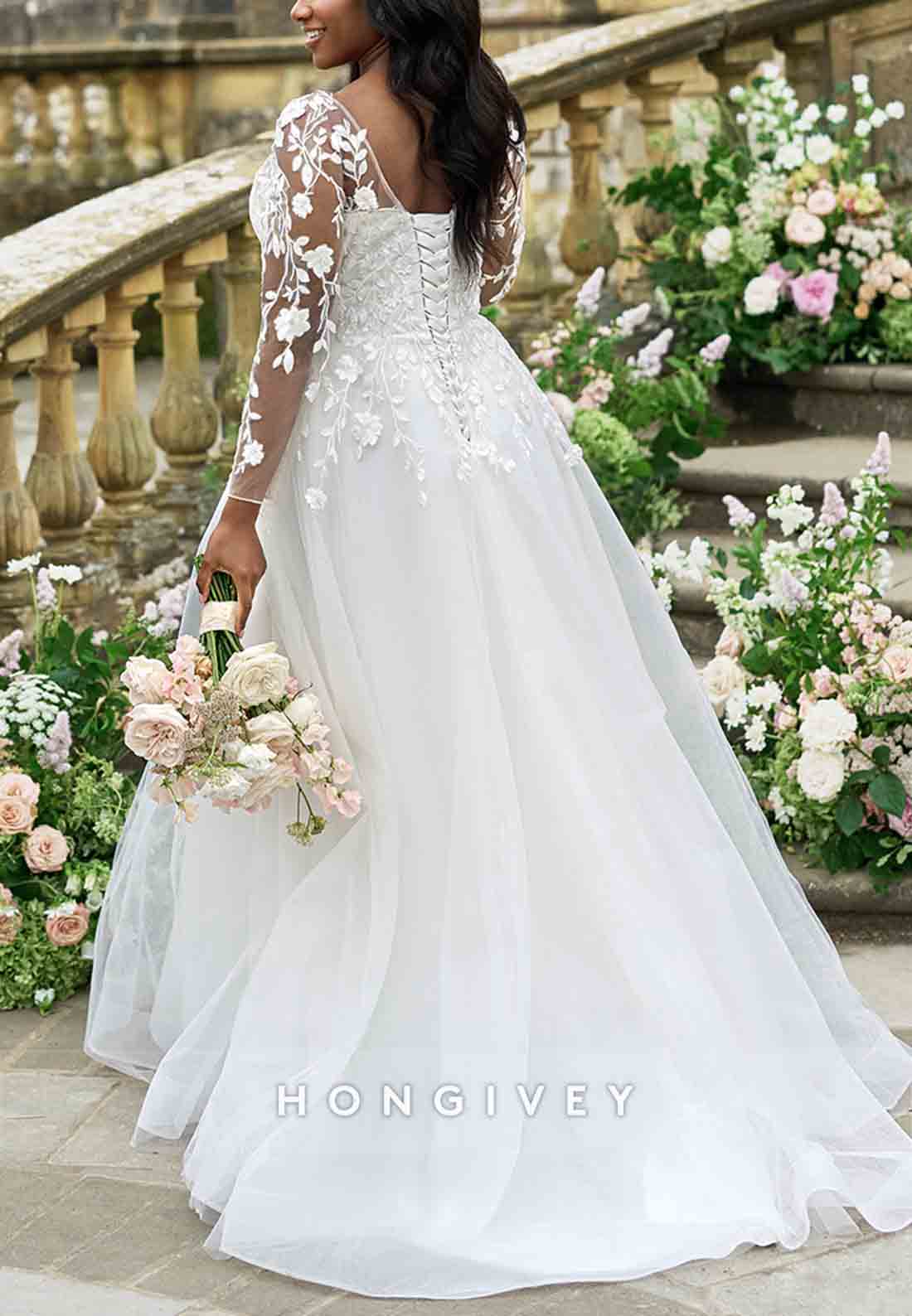 V Neck Long Sleeve A-line Sweep Train Lace Crisscross Back Wedding Dresses