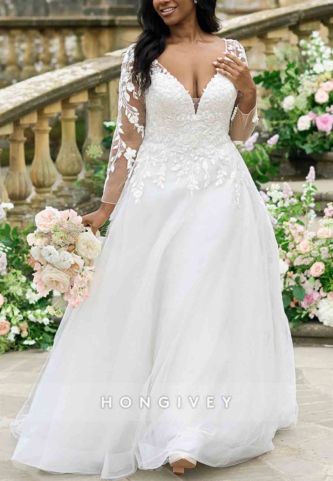 V Neck Long Sleeve A-line Sweep Train Lace Crisscross Back Wedding Dresses