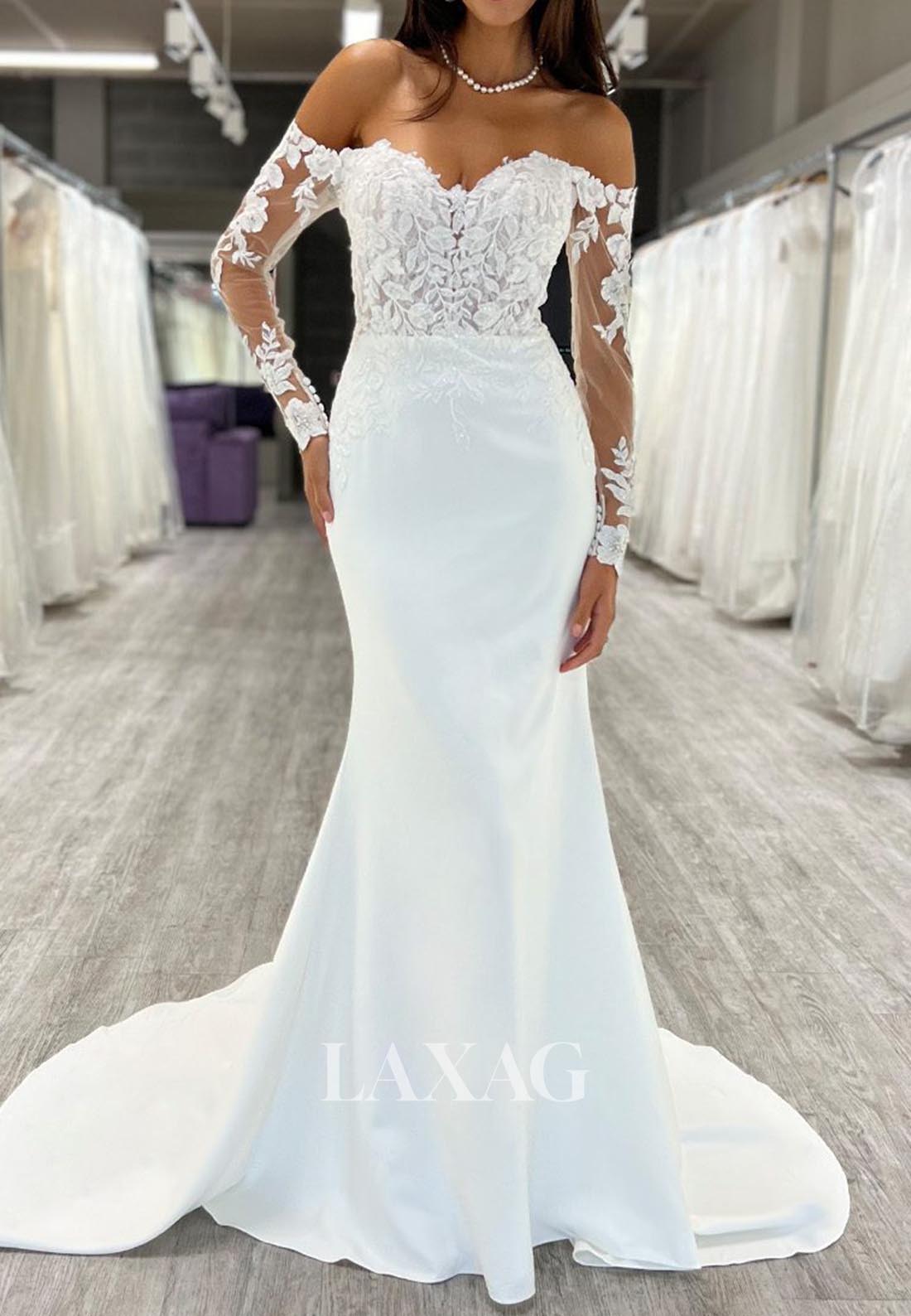Sweetheart Off-Shoulder Applique Pleated Bride Gowns Long-Sleeves Satin Mermaid Wedding Dress