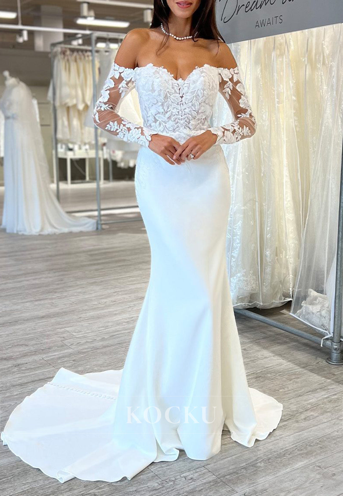 Off - Shoulder Sheer Lace Sleeve Mermaid Wedding Dress with Train