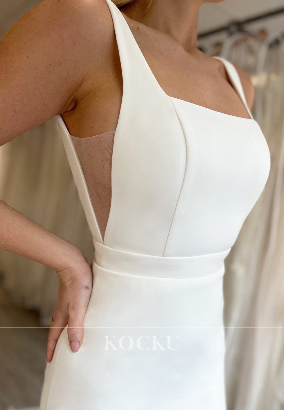 Square Neck Spaghetti Strap Open Back Mermaid Wedding Dress with Sheer Sides