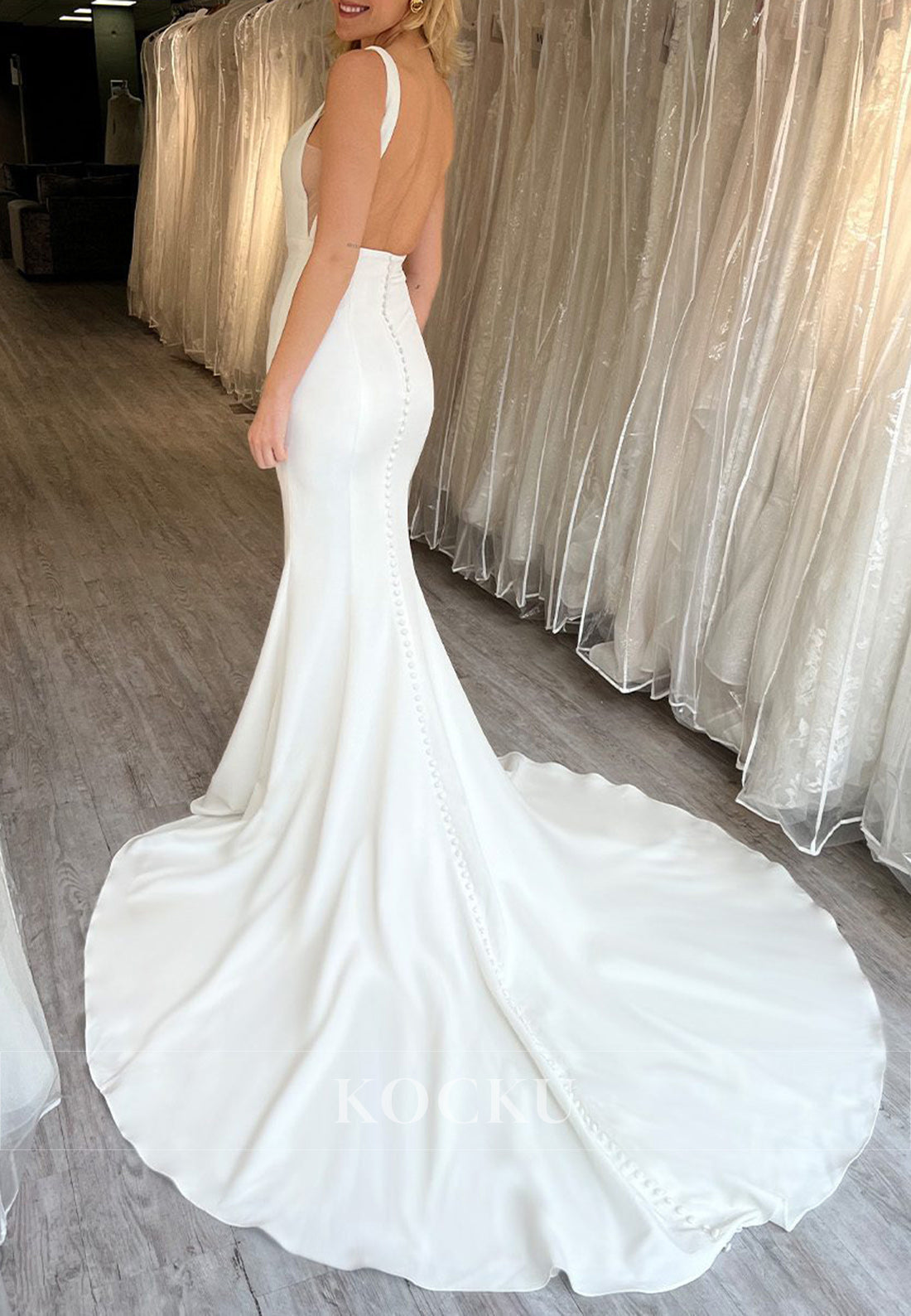 Square Neck Spaghetti Strap Open Back Mermaid Wedding Dress with Sheer Sides