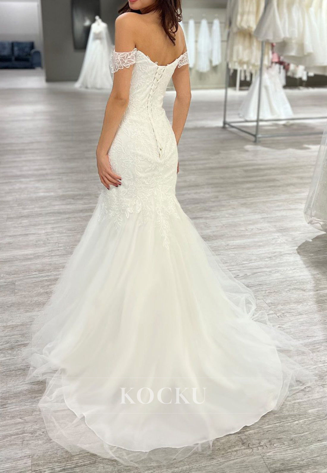 Elegant Off - Shoulder Lace Mermaid Wedding Dress with Tulle Train
