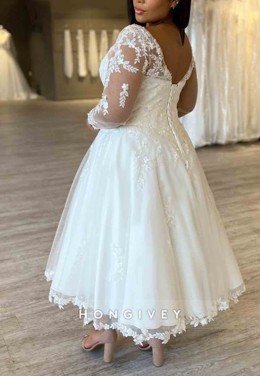 V Neck Ankle-Length Lace Long Sleeve Pleated V Back Boho Wedding Dresses